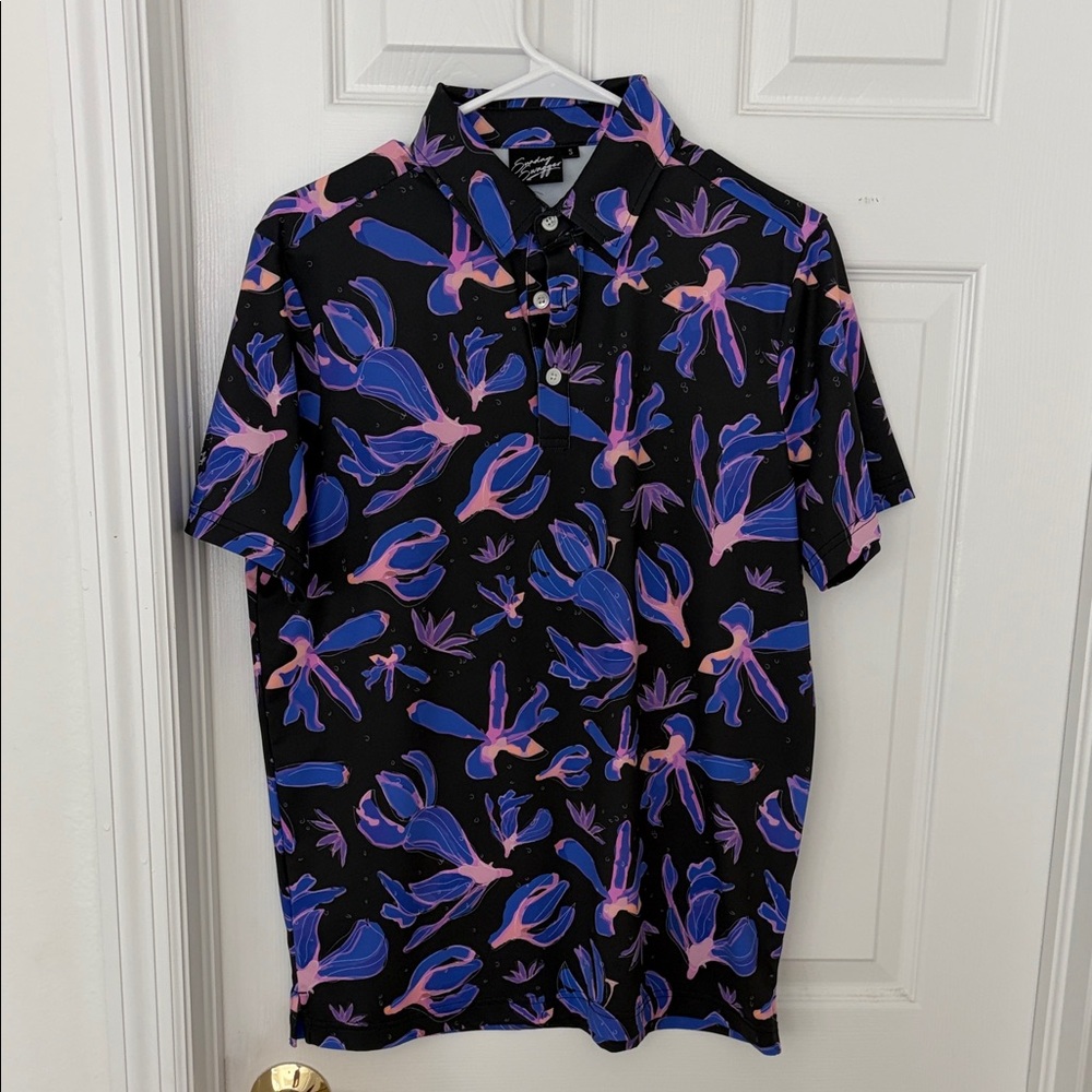 Stylish Black Polo with Blue and Pink Floral Design